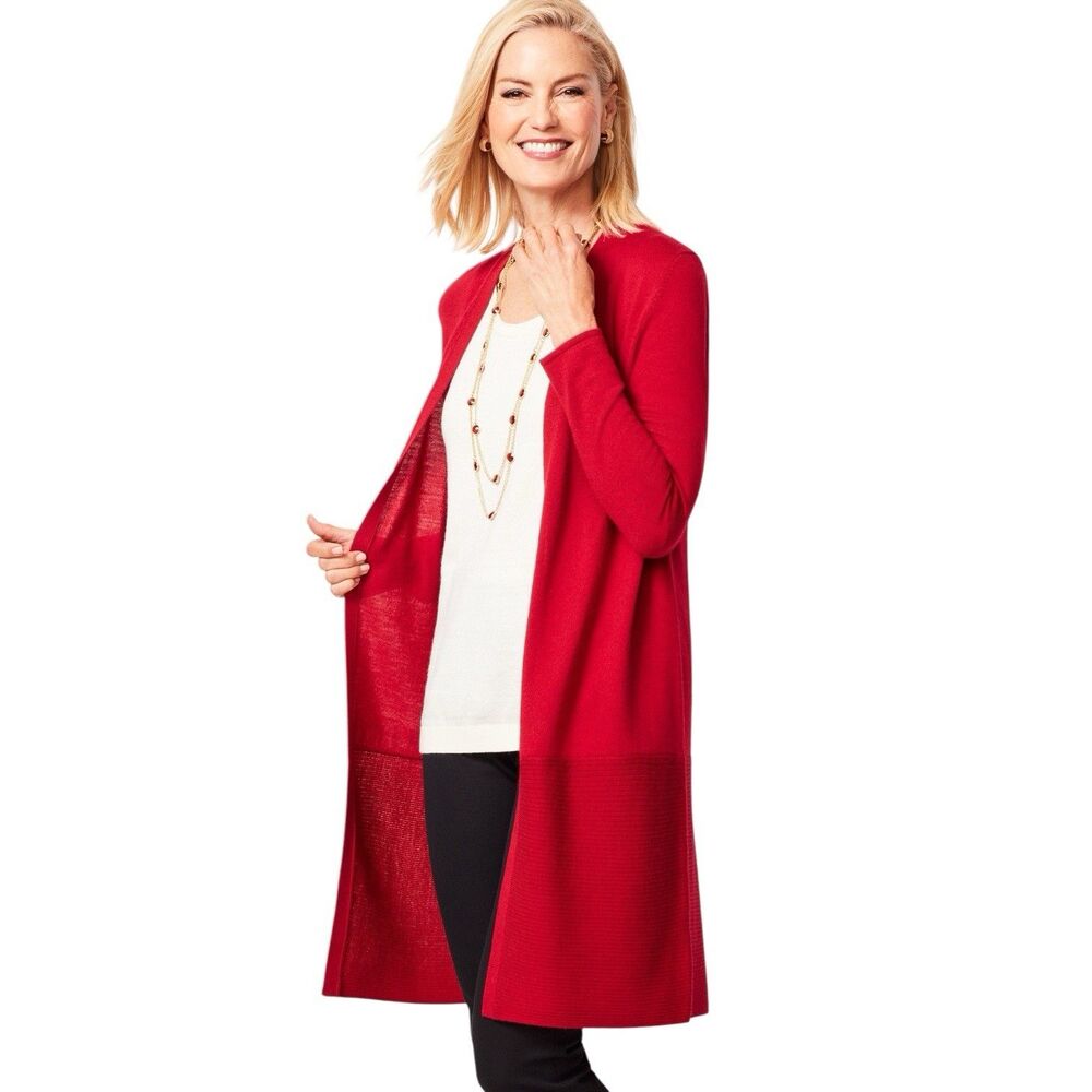 Talbots Red Merino Wool Open Front Cardigan Sweater Rib Knit Trim Petite PS